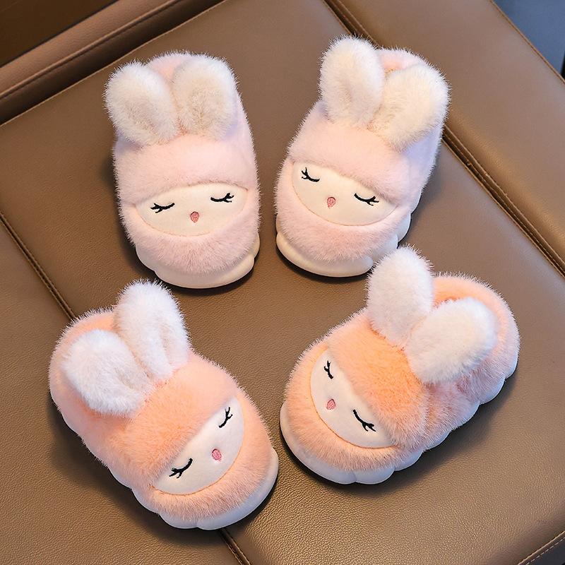 Winter Rabbit Children's Cotton Shoes for Girls, Cute and Warm, Fleece-Lined, Parent-Child Home Use, Non-Slip Thick-Soled Baby Cotton Shoes