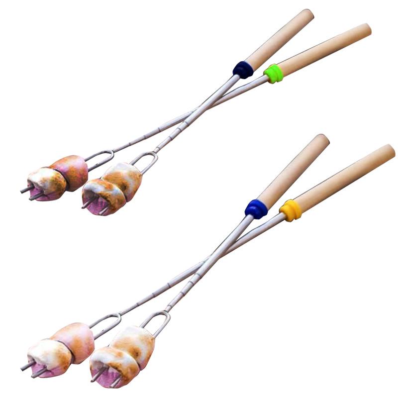 Telescopic Stainless Steel Barbecue Fork Set with Wooden Handle - 4 Colors