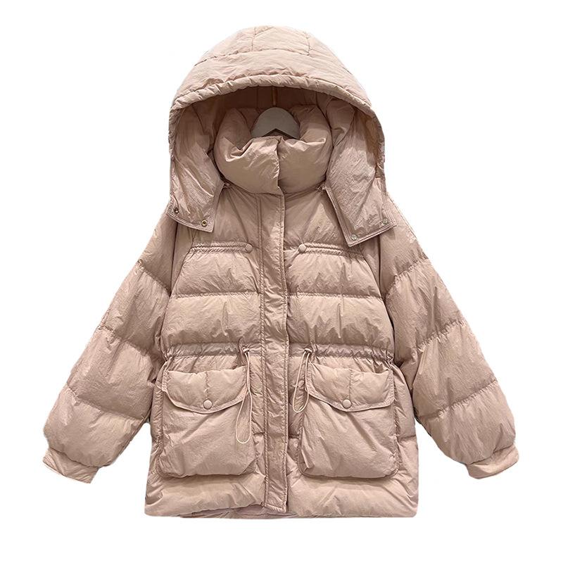 Temperament hooded waist down jacket women's short 2024 winter new bag buckle thickened and thin white duck down warm jacket
