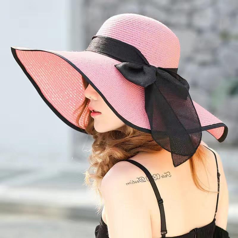 Women's Oversize Brim Straw Hat Women's Summer Sun Block Big Brim Hat Seaside Bow Beach Hat Suitable For Sun Protection