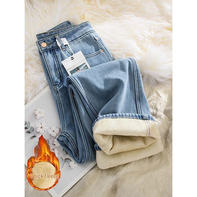 

Women s 2025 Autumn/Winter High-Waisted Straight-Leg Jeans with Velvet, Perfect for Pear-Shaped Figures S [42-47 kg]