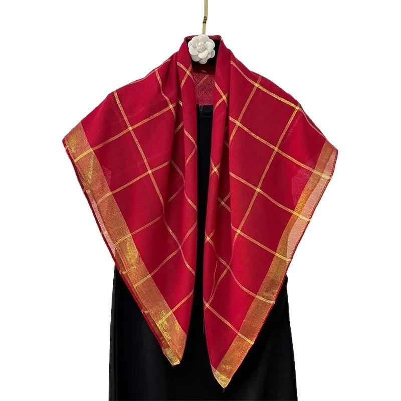 Women S Gold Line Plaid Square Scarf 90x90cm Elegant Shawl For Autumn Winter