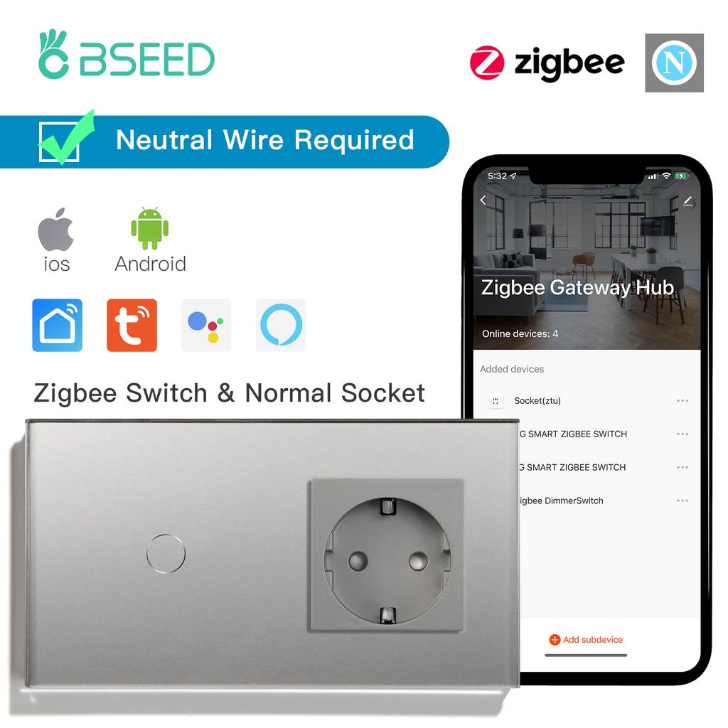 BSEED Zigbee 1/2/3Gang Touch Smart Switches 1/2/3Way Tuya Smart Life App Control With EU Wall Sockets Outlets Gray Series