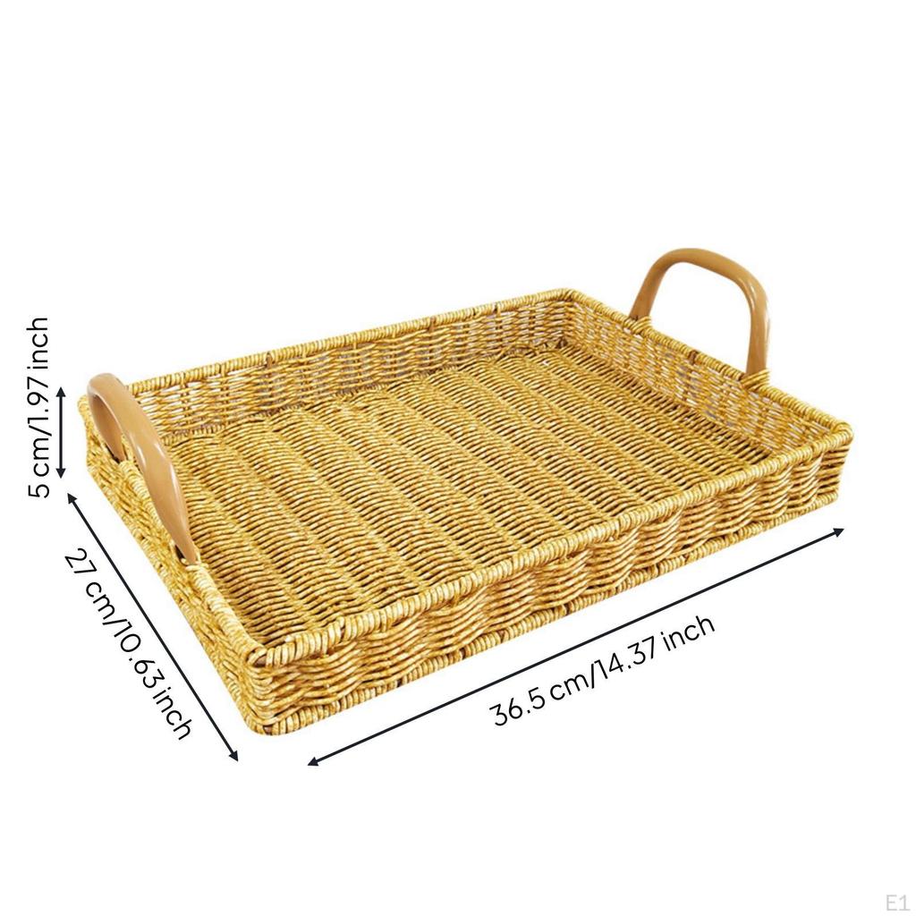 Wicker Serving Basket with Handles Rectangular Tray Shallow Woven Bread