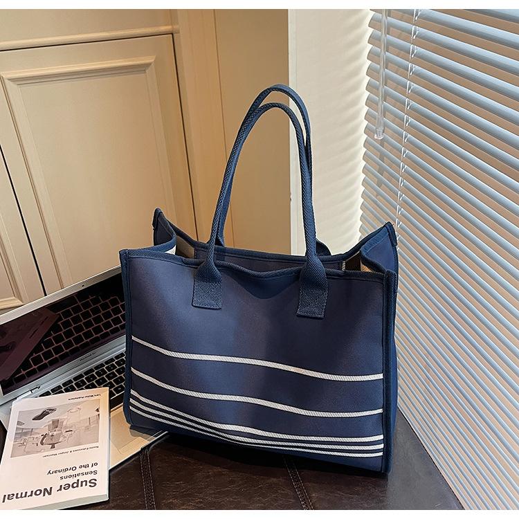 Striped Canvas Bag Women's Large-capacity New Autumn and Winter Versatile Simple Shoulder Bag College Student Tote Bag