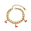 Stainless Steel Cherry Bracelet: Fresh Style, Versatile Rhinestone Inlaid with Persimmon Pendant for Women, Titanium Steel Hand Jewelry.