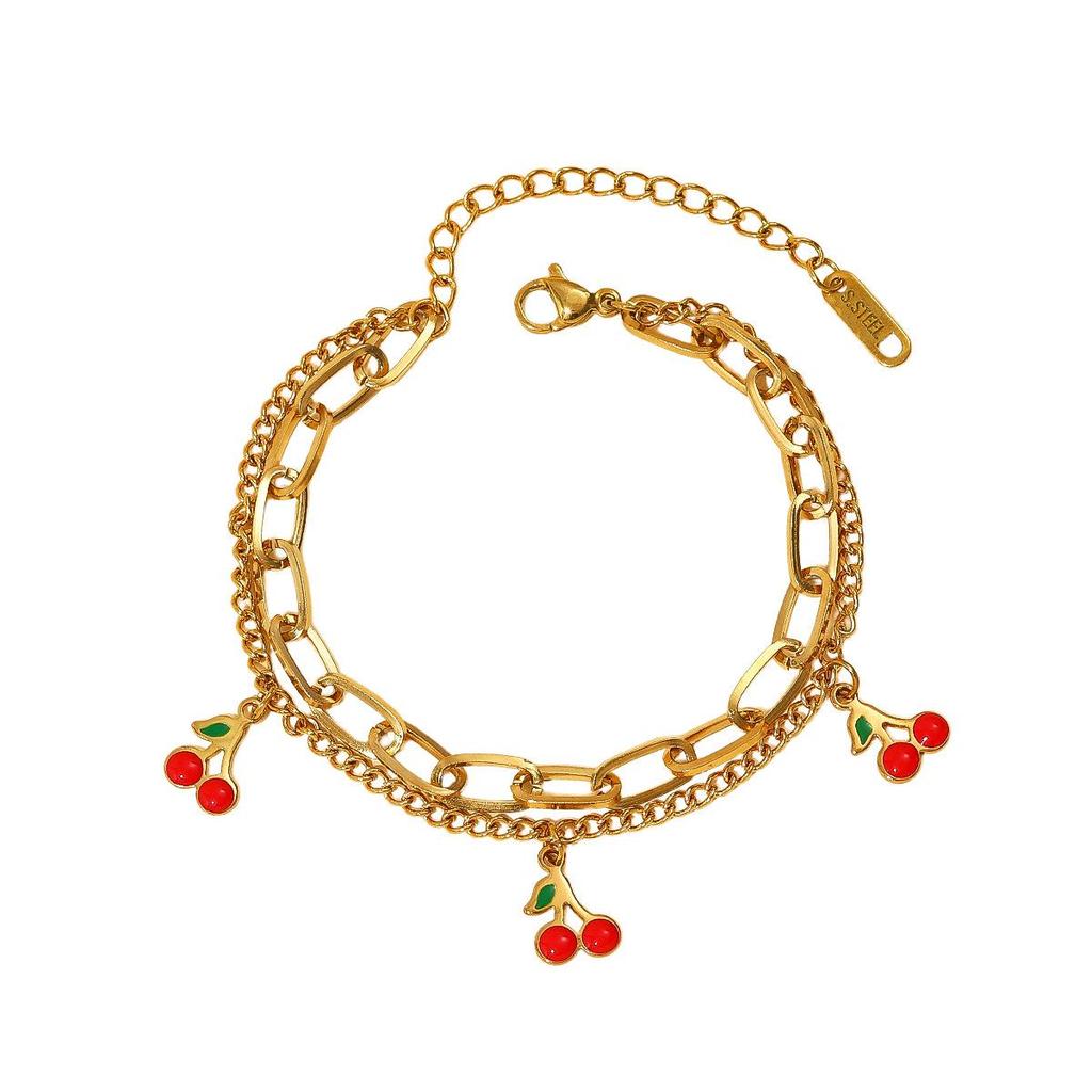 Stainless Steel Cherry Bracelet: Fresh Style, Versatile Rhinestone Inlaid with Persimmon Pendant for Women, Titanium Steel Hand Jewelry.