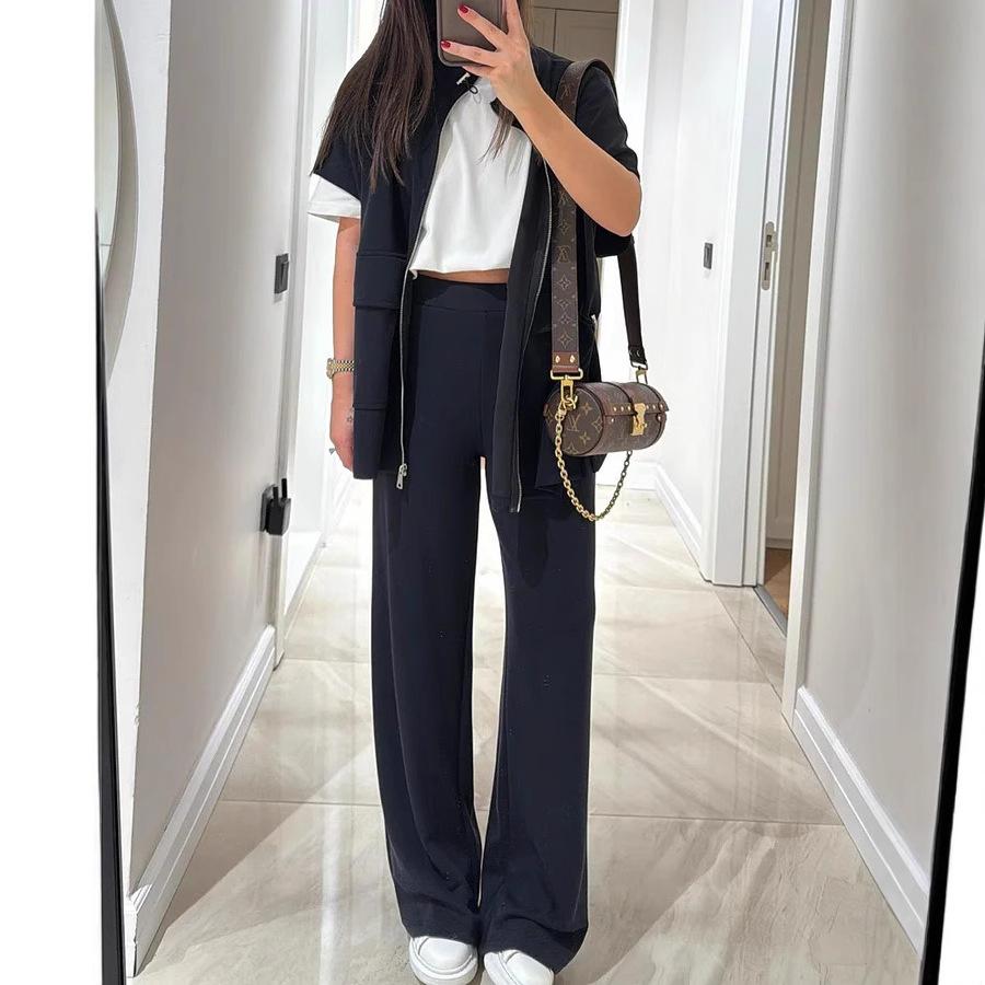 New Women's Autumn and Summer Solid-color Casual Loose Pocket Sweatshirt Straight-leg Pants Set