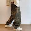 Jeans Leopardo Marrón Otoñal Hombre Pantalones Denim Masculinos Talla Grande Pierna Ancha Streetwear Hip Hop Vintage Holgados Casual Estampado Animal