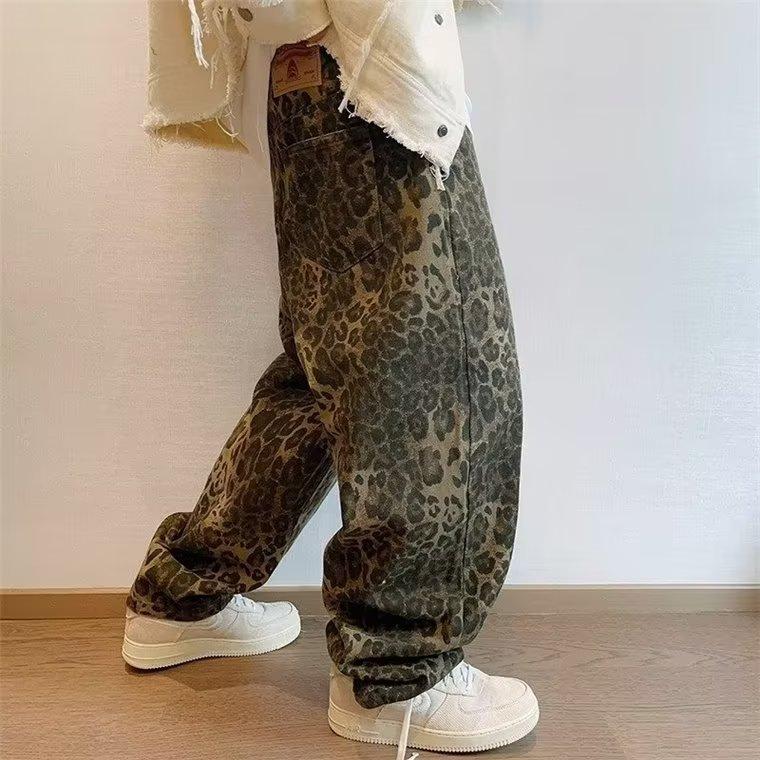 Jeans Leopardo Marrón Otoñal Hombre Pantalones Denim Masculinos Talla Grande Pierna Ancha Streetwear Hip Hop Vintage Holgados Casual Estampado Animal