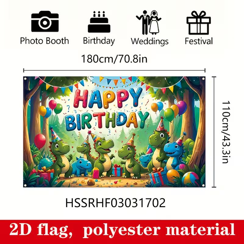 2D Dinosaur Happy Birthday Backdrop with Cartoon Dinosaurs, Gifts & Balloons