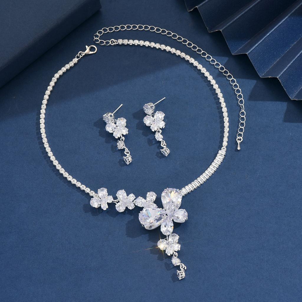 Light Luxury Zircon Butterfly Flower Water Drop Necklace Earrings Set Personality Niche Temperament High-End Earrings Women