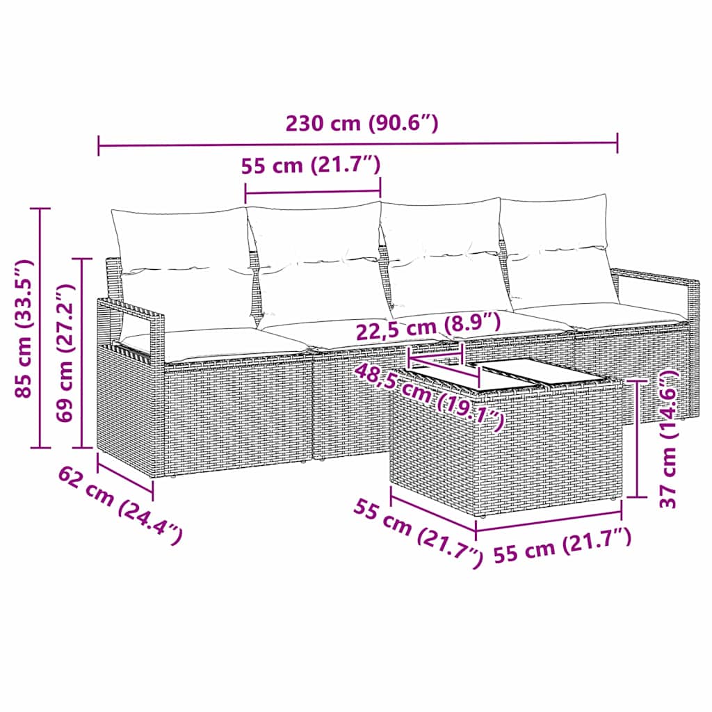 5 Piece Sofa Set with Cushions Beige and Cream Poly Rattan
