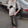 Men Black Cat Graphic Print Oversized Short Sleeve T Shirt Casual Loose Streetwear Summer Top