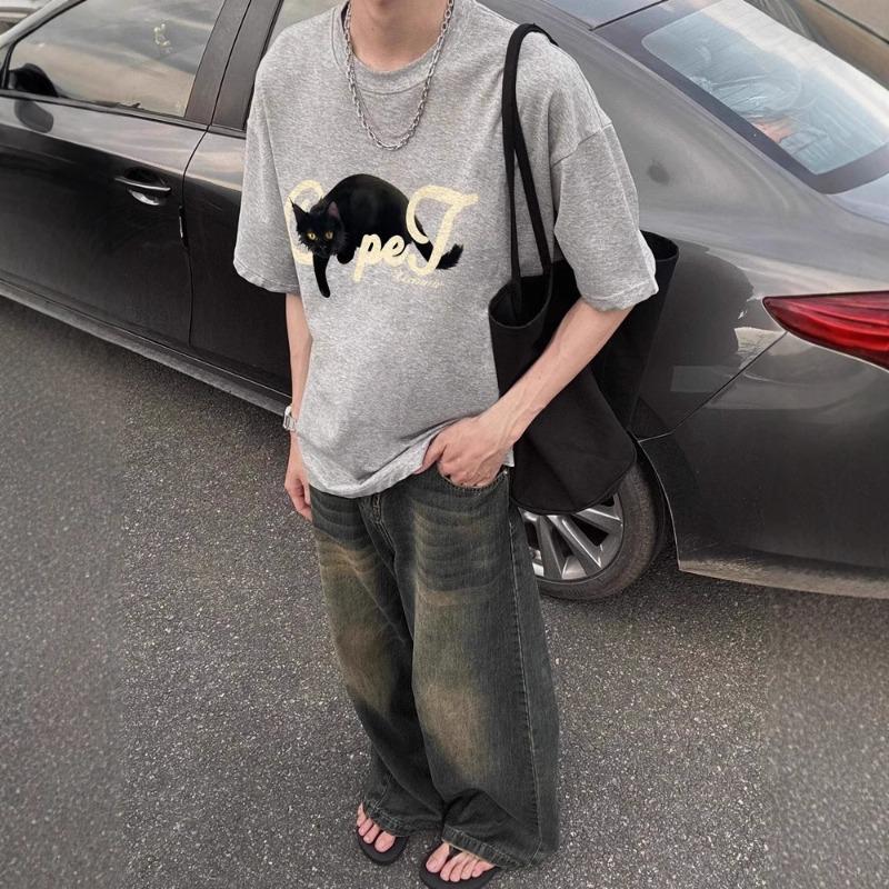 Men Black Cat Graphic Print Oversized Short Sleeve T Shirt Casual Loose Streetwear Summer Top