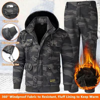 Conjuntos masculinos jaquetas e calças de inverno engrossar forro de felpa quente jaqueta acolchoada calças ao ar livre à prova de vento escalada esqui 2 peças