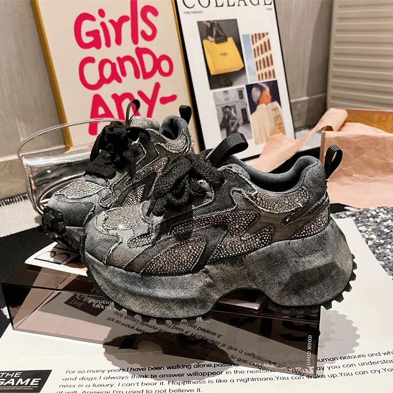 Fashion Women's Sneaker Crystal Platform High Heels Sport Shoes 2025 Autumn Luxury New Lace Up Running Hiking Shoes Casual Mujer Zapatos