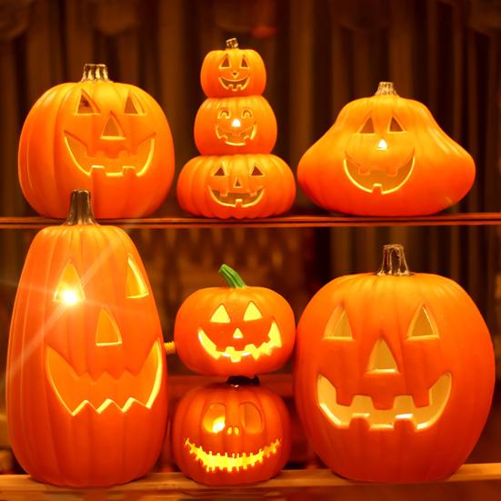Halloween Pumpkin Lamp Spooky Light Up Pumpkin Figurine Glowing Decorative Pumpkin with LED Light for Haunted House Halloween Home Garden Decor