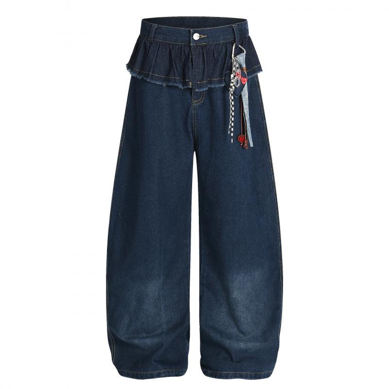 Guan Qu Spring 26: Retro Patchwork Washed Denim Pants with Pendant for Women Double Extra Large