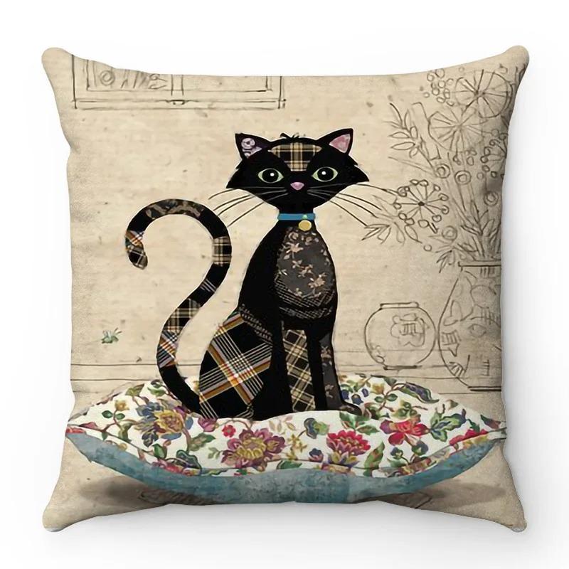 Cartoon kleine schwarze Katze niedliches Haustier Märchenmuster Serie Sofakissenbezug Heimdekoration Wohnzimmer Büro Auto Kissenbezug