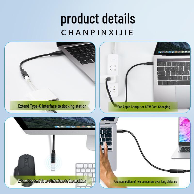 

100W USB-C Male to Female Fast Charging USB 3.1 Data Cable for Apple and Huawei Type-C 3.1 Male to Female Black Injection Molded