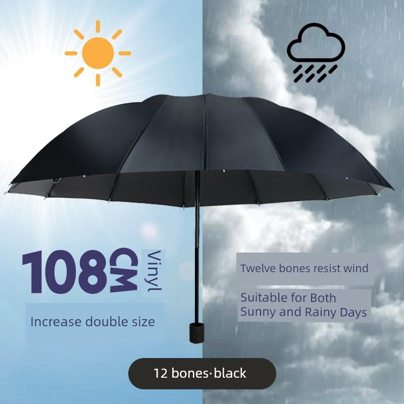 12-Rib Extra-Large Umbrella, Dual-Purpose for Sun and Rain, Sunshade Umbrella for Men and Women, Manual Reinforced Folding Sun Protection Umbrella