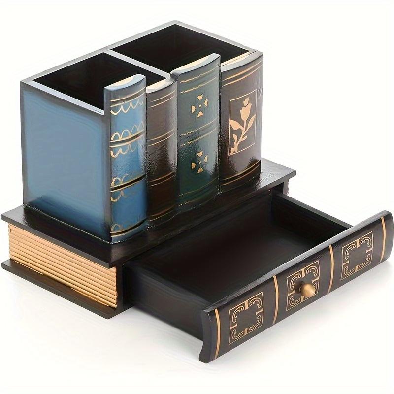 Multifunction Desktop Decoration Vintage Book Model Wood Pen Holder Desk Organizer Retro Wood Book Shape Pen Holder Pen Case