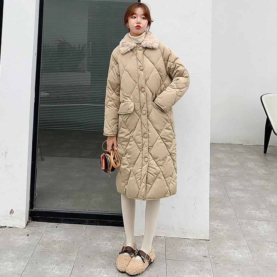 Plus Size Fashion Puffer Cotton Jacket with Quilted Diamond Pattern Wool Collar