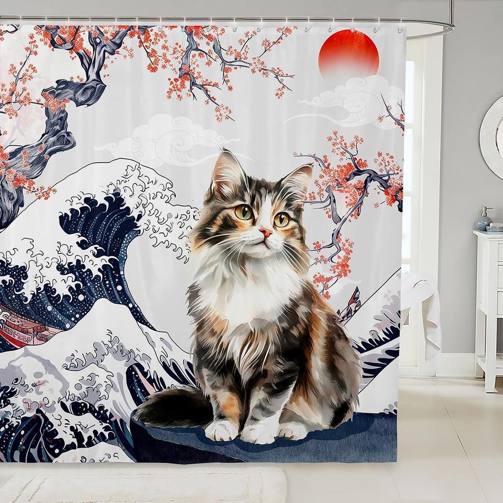Cartoon Lion Shower Curtain for Kids Boys Girls Japanese Style Waterproof Bathroom Curtain, Vintage Ukiyoe Bath Curtain Ocean