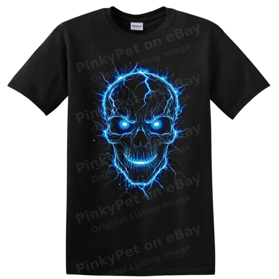 Electric Skull T Shirt Blue Lightning Gothic Horror Graphic Tee Unisex Gift Idea