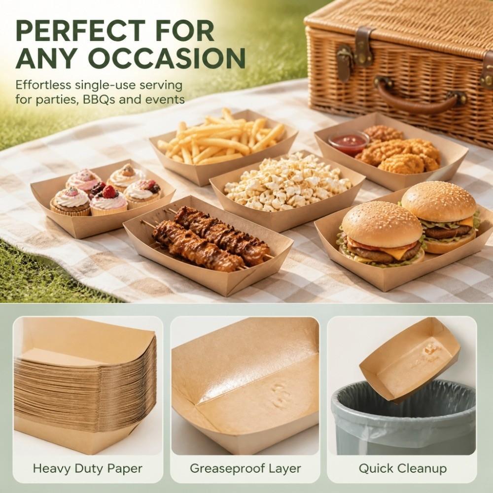 50PCS Food Boat Paper Food Tray Kraft Paper French Fries Tray  Party Picnic Wedding