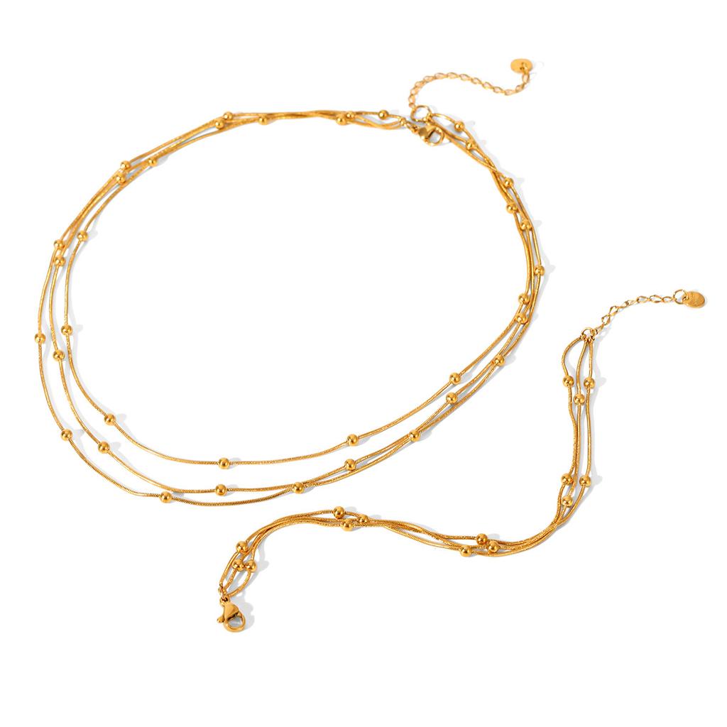 Euro-American style three-layer titanium steel necklace accessory for women, light luxury beaded chain
