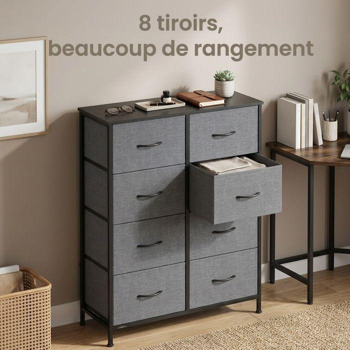 Commode de chambre, 8 Tiroirs en Tissu Non-tissé, pour Chambre, Gris
