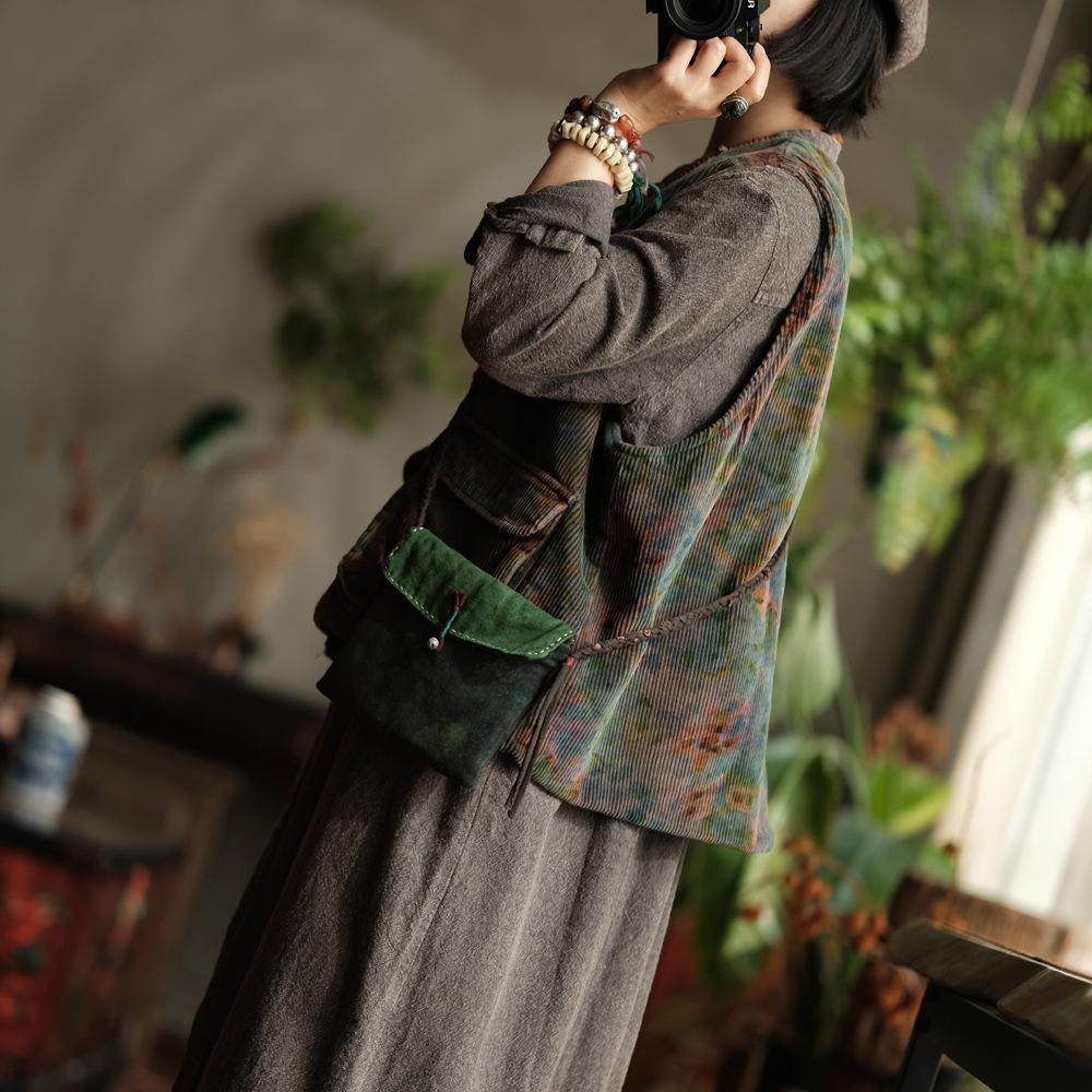 Johnature Vintage Women Coats V-Neck Sleeveless Print Floral Button Patchwork Pockets Autumn Coats