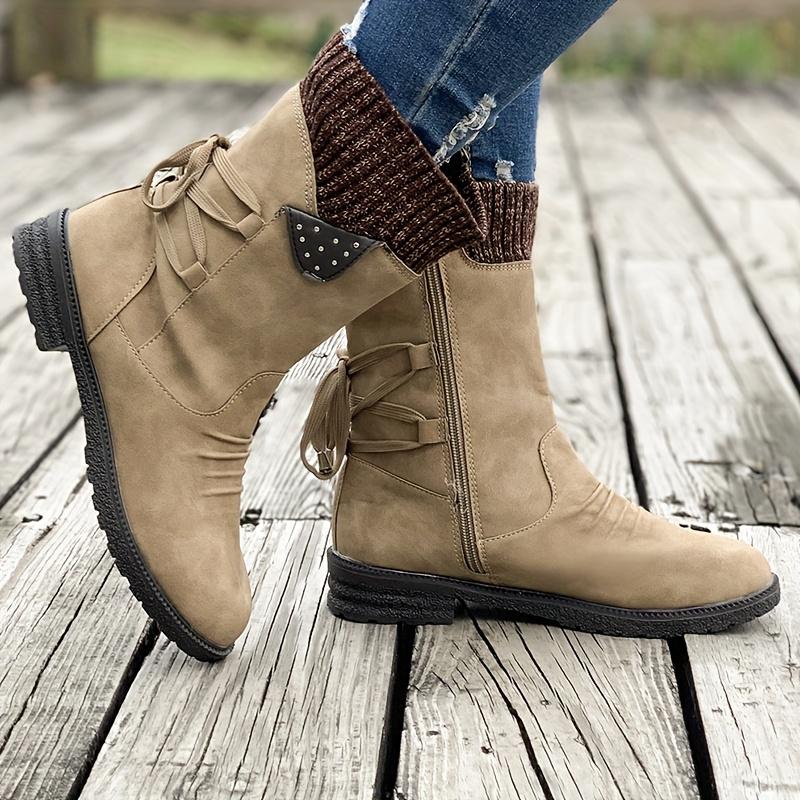 Vintage Classic Elegant 's Mid-Calf Boots. Elastic Collar Design, Lace-Up Adjustable for Plus Size S. Multiple Colors Available