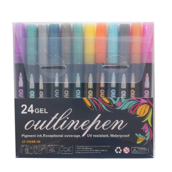 Dual-Tip Metallic Outline Pens Fluorescent Marker with Colorful Borders Smooth Tip Highlighters for Cards Crafts & Notes