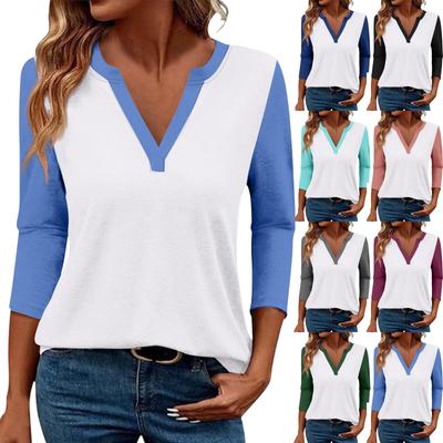 Damen Casual Mode Sexy Bequem V-Ausschnitt Farbblock Dreiviertelarm Top