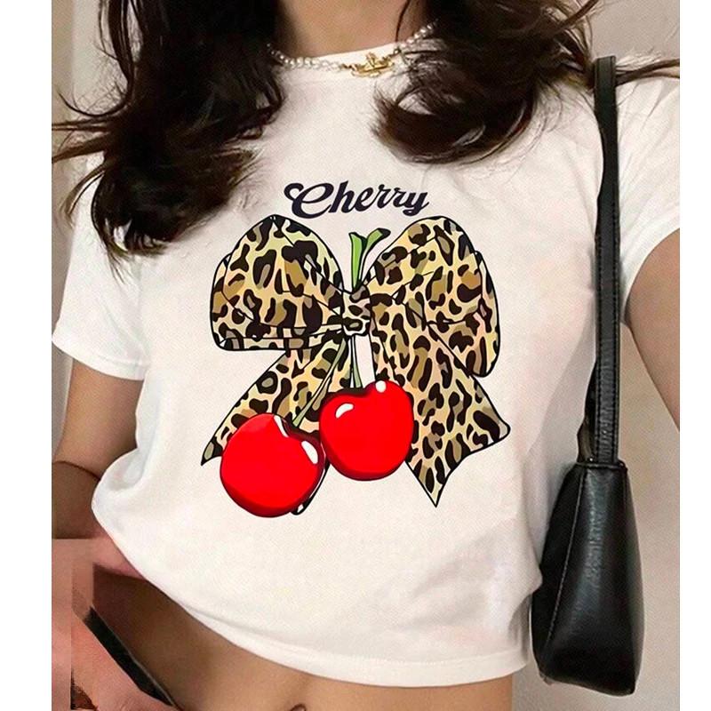 Cherry Leopard Bow Coquette Baby Tee Womens Y2K Slim Fit Crop Top Aesthetic S-L 2XL