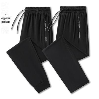 Pantaloni della tuta casual estivi da uomo in seta ghiacciata, sottili e traspiranti, con gamba dritta, tasche con cerniera e polsini.