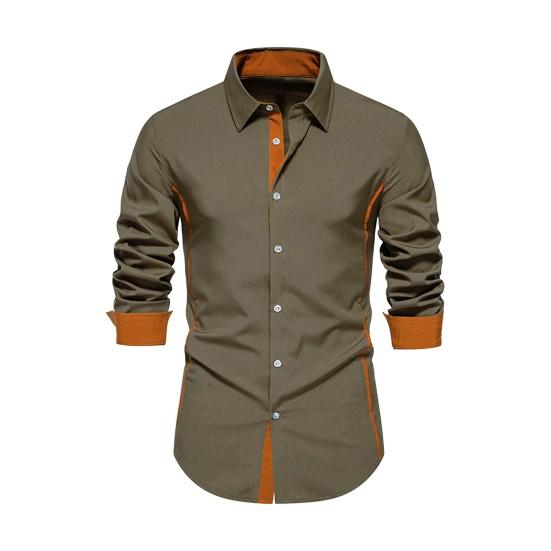 Rudeniniai vyriški marškiniai, apverčiami apykakle, sagos ilgomis rankovėmis, vientisos spalvos, plonos, vidutinio ilgio, laisvalaikio, formalaus verslo kelionei į darbą ir atgal.