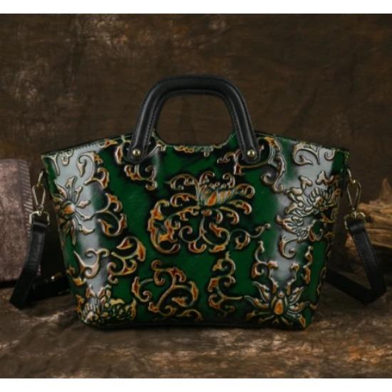 Vintage Chinese Rubbing-Off Color Technique Genuine Leather Women'S Bags Embossed Women'S Bags Leather Bags Premium