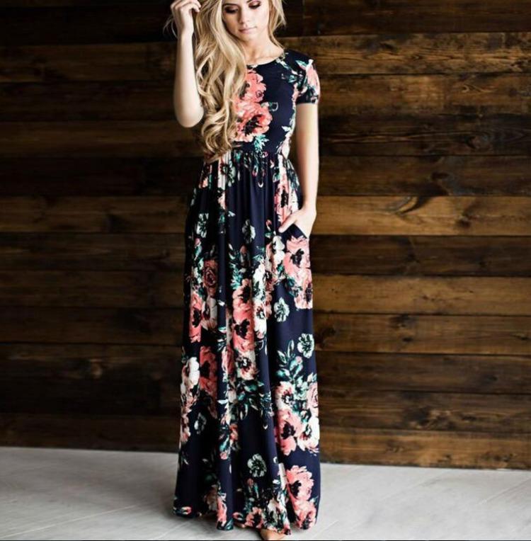 Kwiatowy Print Damska Letnia Sukienka Maxi Boho Plażowa Długa Sukienka Wieczorowa Tunika