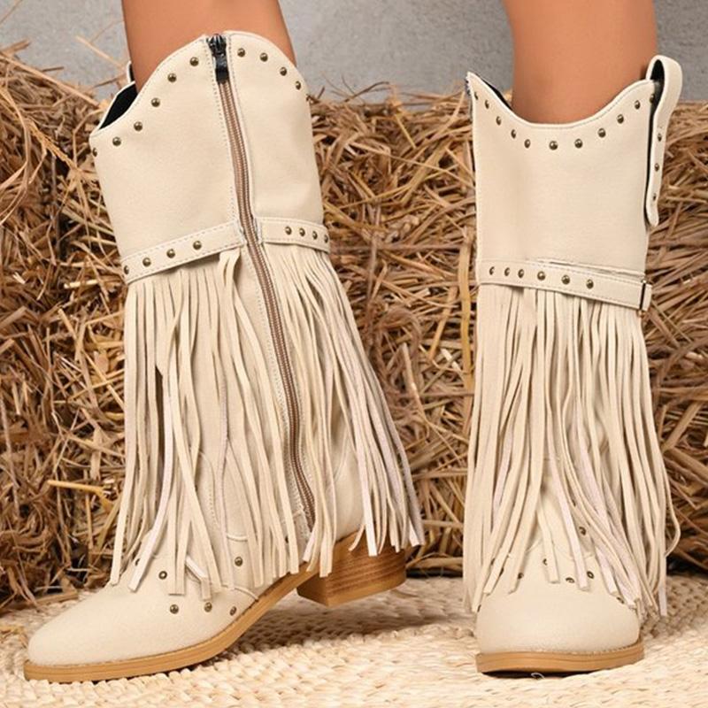 

Модные ботинки с заклепками и кисточками в уличном стиле Женские 2025 Новые Бежевые Большого размера 36-43 Ботинки до середины икры для женщины Заостренный носок На молнии Ботас Женские 43 бежевый