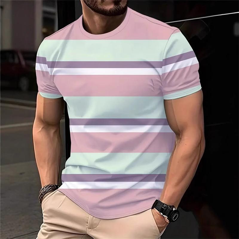 Simple striped contrasting color men's T-shirt fashionable summer short sleeved 3D printed T-shirt loose street wear Harajuku T-shirt