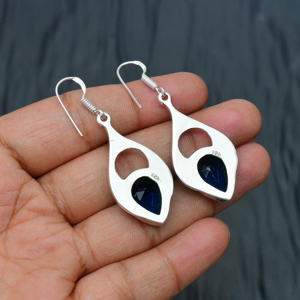 Blue Sapphire Gemstone Handmade 925 Sterling Silver Jewelry Earring
