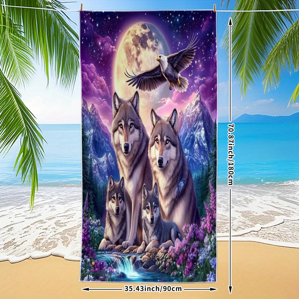 

Wolf Family Moonlit Mountain Beach Towel, Wilderness Nature Art Quick-Dry Sand-Free Microfiber Bath Towel for Swim and Camping W30*H60(CM)