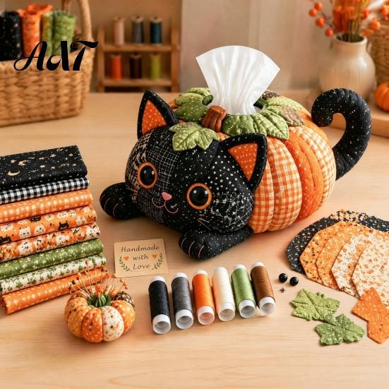 Quilted Tissue Cover Pattern Box DIY Sewing Kit, Halloween Theme, Patchwork Fabric Craft Creative Gift for Her Set, Handicraft Cover, Home And Haunted