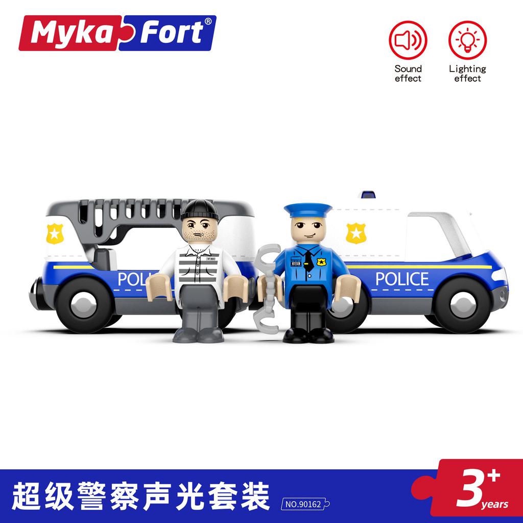 Wooden Track Sound And Light Police Car Simulation With Doll Handcuffs Scene Compatible With Thomas Track Toy