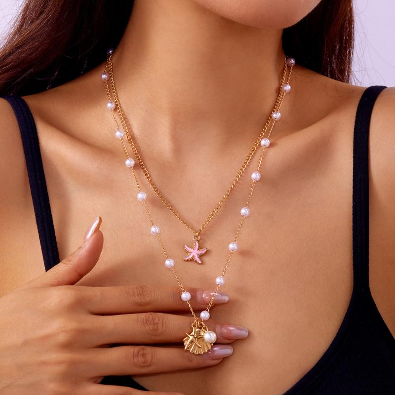 Bohemian Handmade Braided Beaded Seashell Starfish Pendant Clavicle Chain Necklace Women Beach Vacation Jewelry Accessories