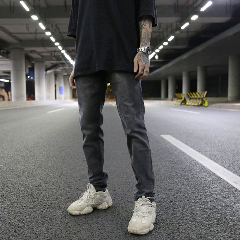 Kanye European and American High Street Wind Heavy Washing Basic Color Slim Fit Elastic Feet Jeans Ins Tide Jeans